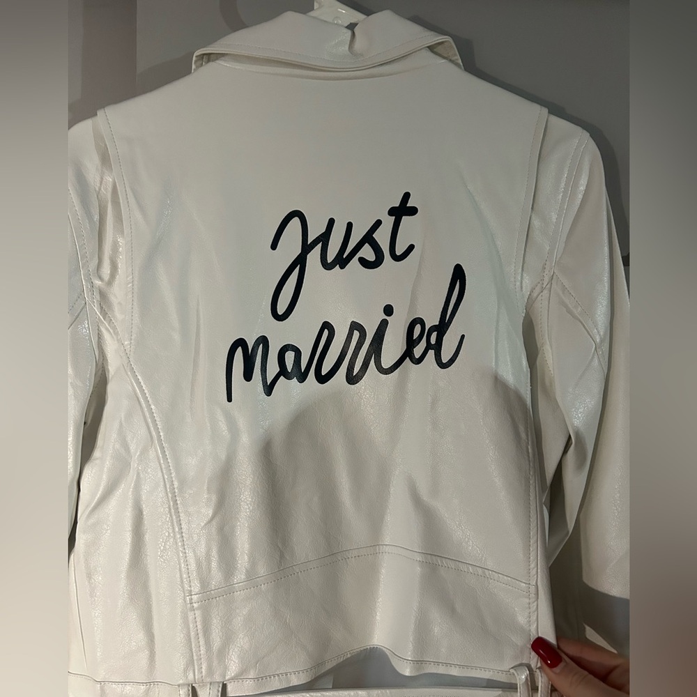 BNWT fashion nova “just married” white leather jacket